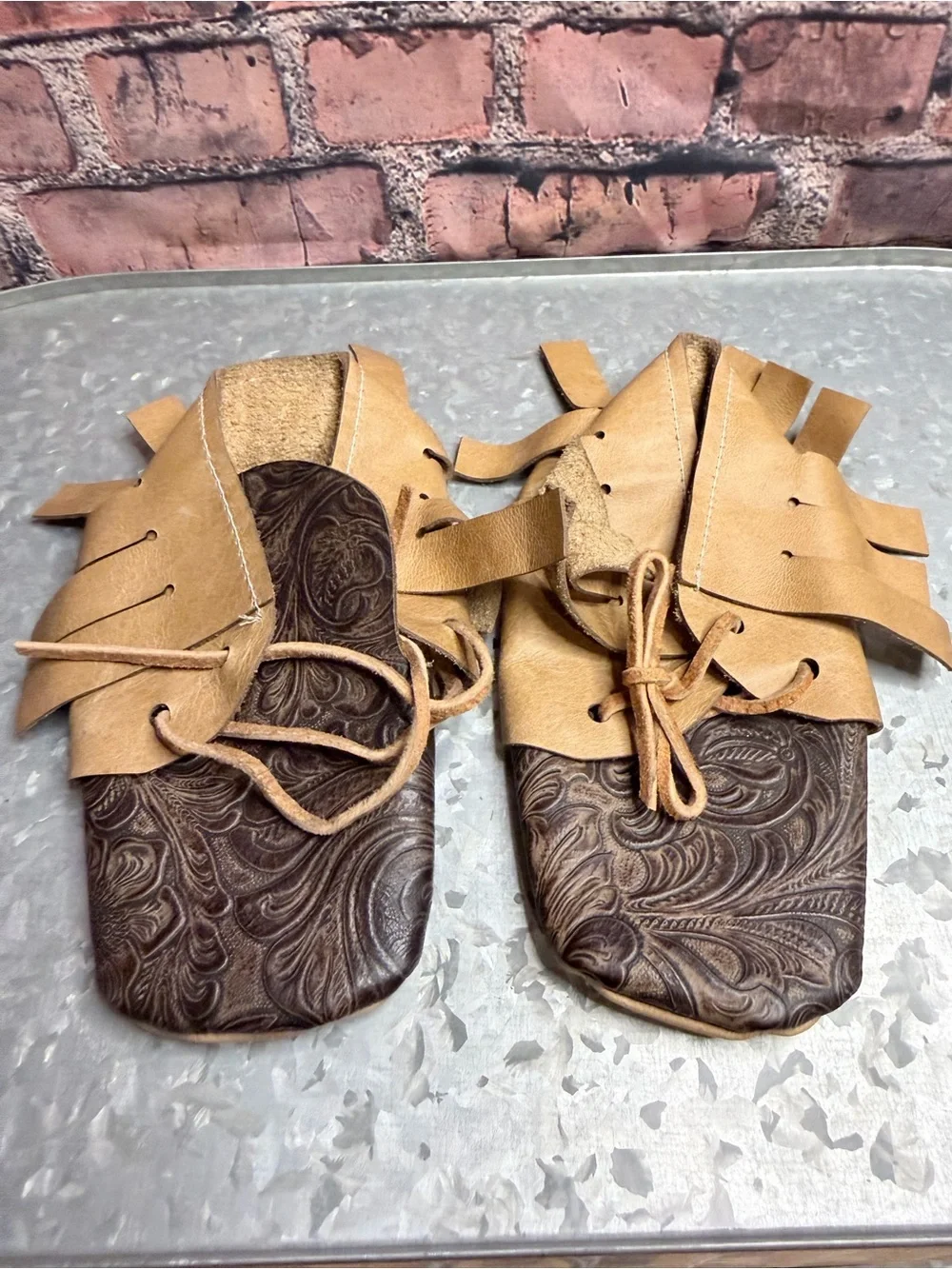 Kids Tan & Brown Leather Fringe Moccasins